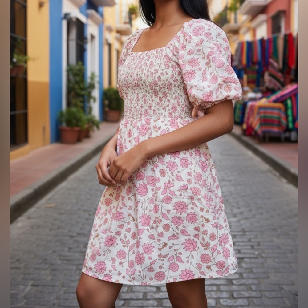 Universal Thread XS Dress 100% Cotton Pink Floral Smocked Puff Sleeve